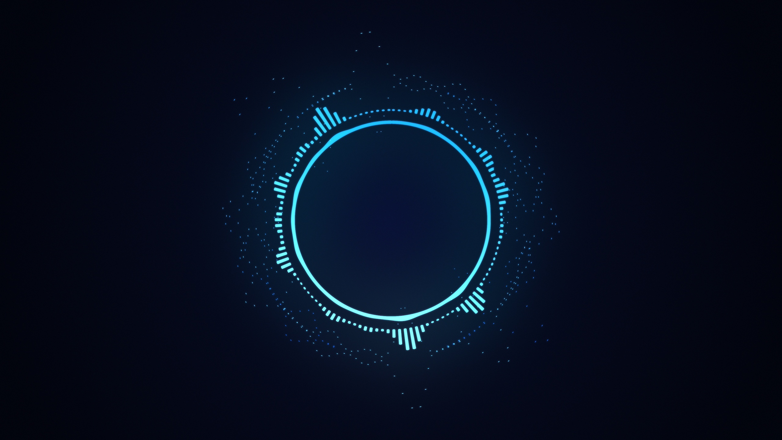 Bright glowing radial or circular equalizer illustration. Visualization of voice, music playback. Audio waveform with flowing dotts. Technological background in blue neon colors