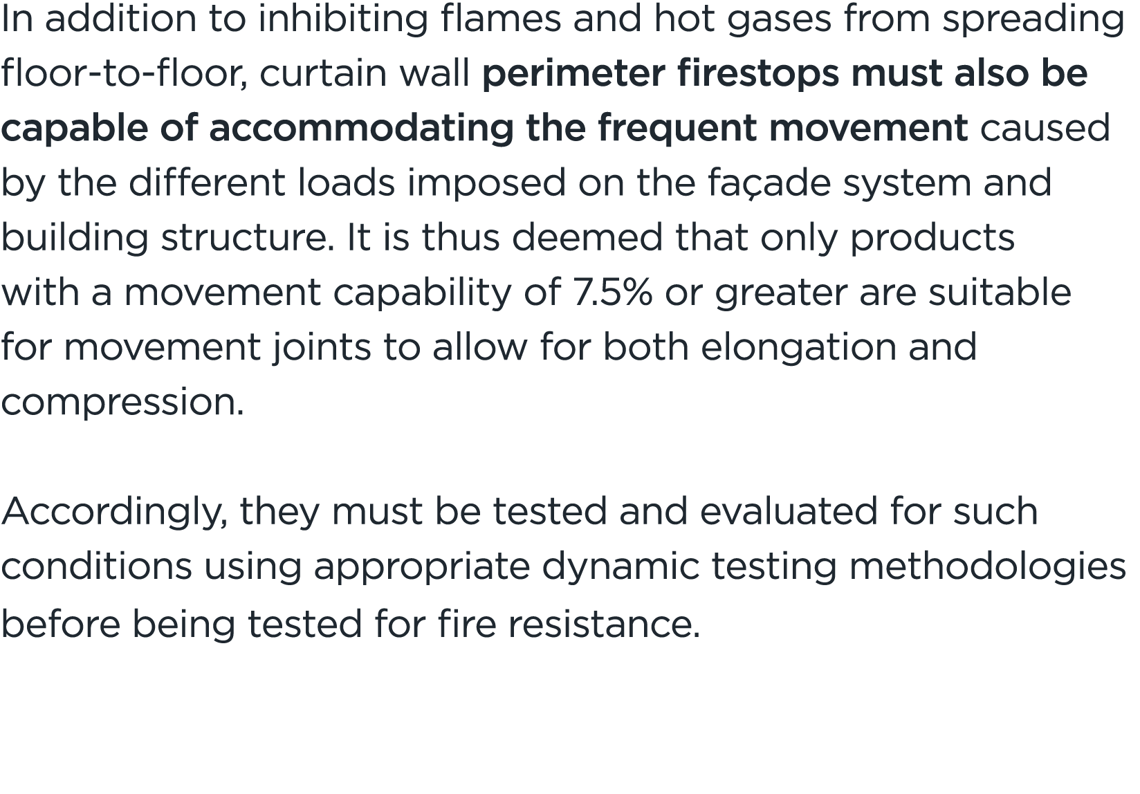 In addition to inhibiting flames and hot gases from spreading floor to floor, curtain wall perimeter firestops must a...
