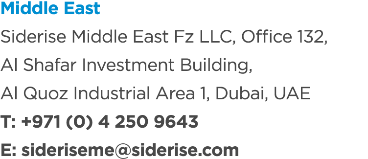 Middle East Siderise Middle East Fz LLC, Office 132, Al Shafar Investment Building, Al Quoz Industrial Area 1, Dubai,...